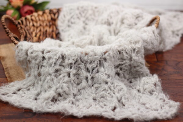 Light gray newborn alpaca mohair wrap photography prop.