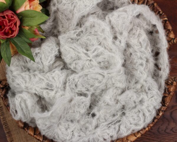 Light gray newborn alpaca mohair wrap photography prop.