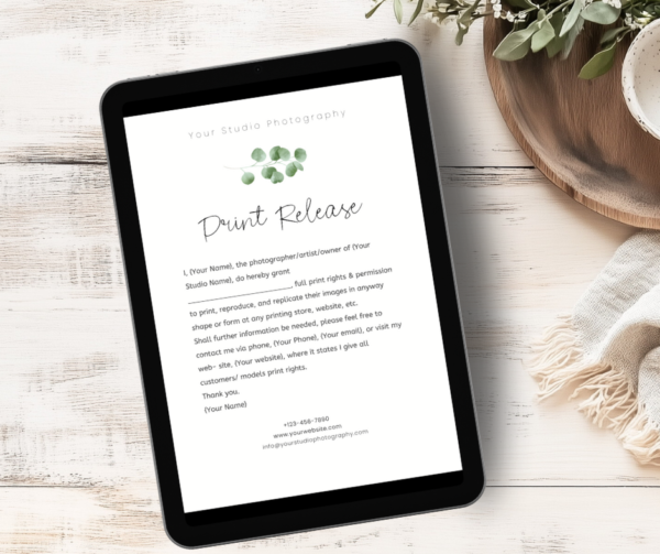 Photography Print Release Form for Photography Clients Editable Canva Template